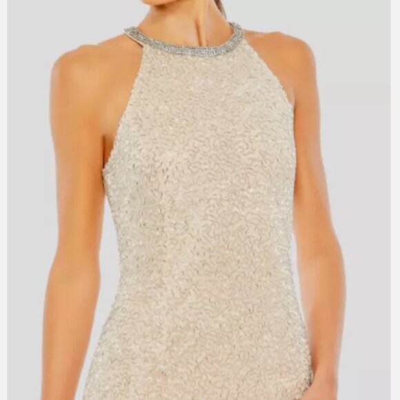 MAC DUGGAL 93742 BEADED HIGH NECK COLUMN NUDE SILVER GOWN sz 6 - Picture 2 of 6